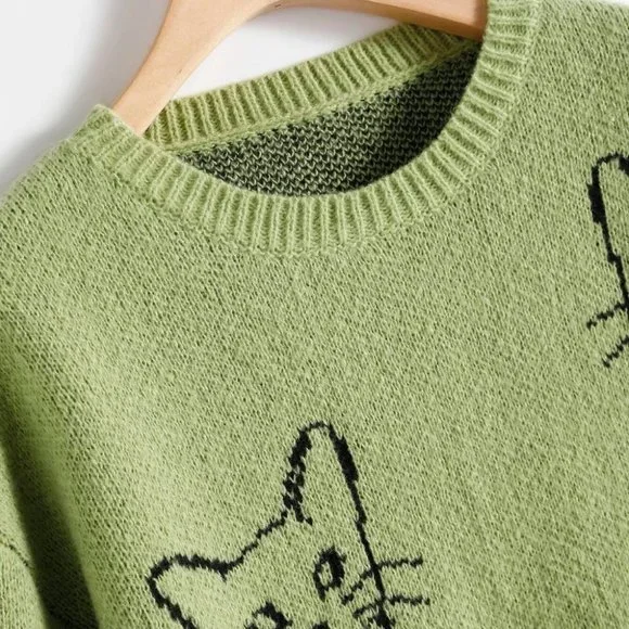 Boho Green Cat Pattern Drop Shoulder Sweater top - Picture 4 of 4